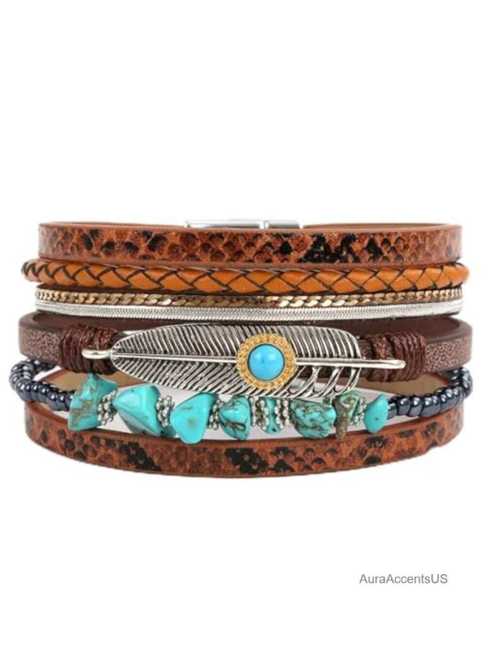 Faux Leather Wrap Bracelet Stacked Cuff Feather Western Boho